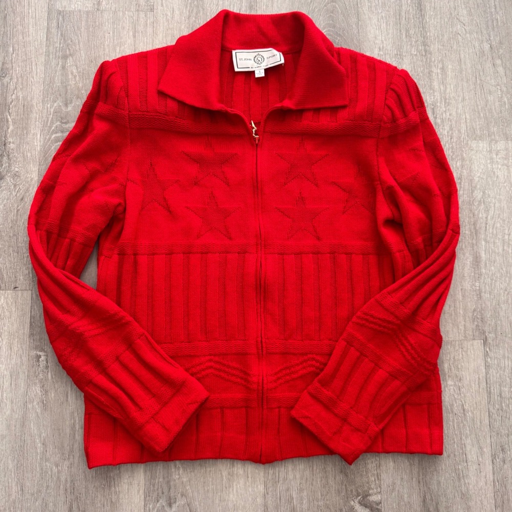 St John Sport Marie Gray Red Knit Star Zip Up Cardigan Sweater Womens Small